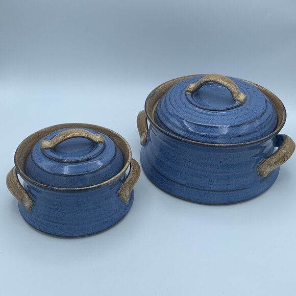 Other - Handcrafted Pottery Covered Serving Dishes - Blue Glaze, Signed “DW” (Set of 2)